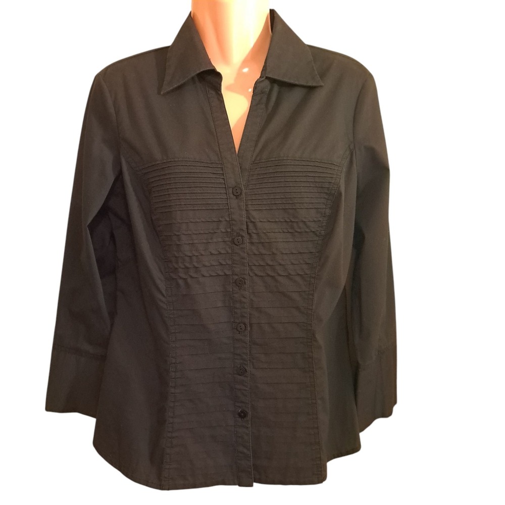 Signature By Larry Levine Women's Blouse Size M Charcoal Long Sleeve Button Down